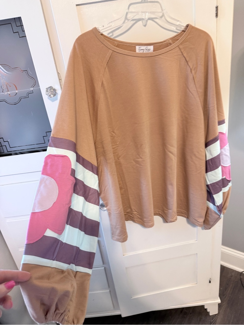 Emily Rose Camel Pullover with Pink Flower Stripe Sleeves